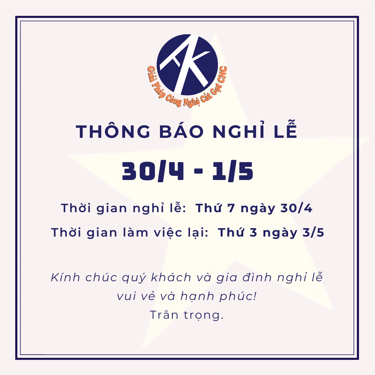 CNC Ánh Kim nghỉ lễ 30/4 1/5 2022