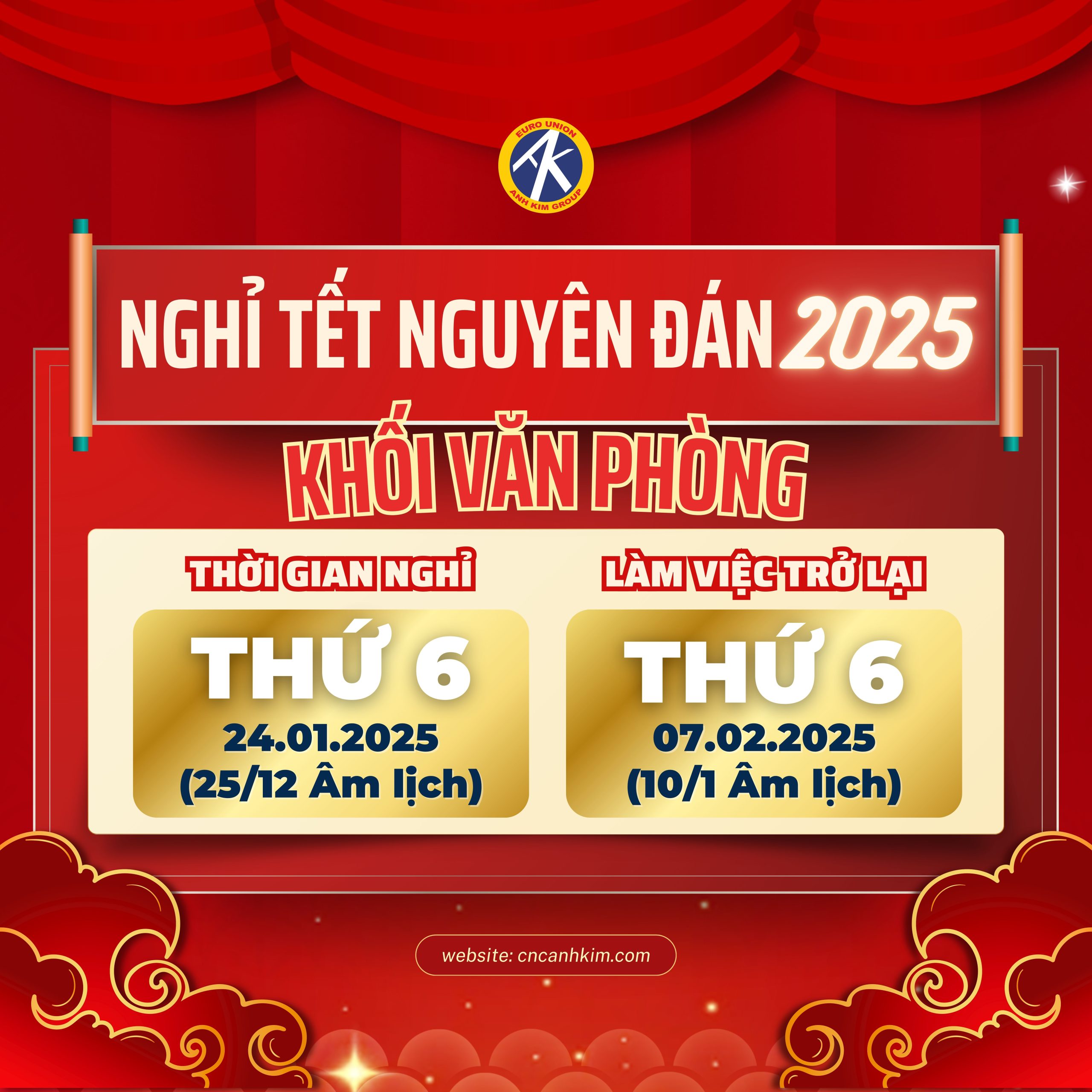 Lịch nghỉ Tết Nguyên đán 2025 KHỐI VĂN PHÒNG - Tập đoàn Ánh Kim CNC